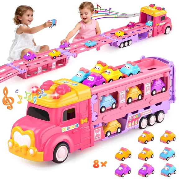 UUSUOO Truck Toys for Girls,9 IN 1 Pink Princess Toys Carrier Truck Race Track Toys for Kids,Foldable Transport Truck with Lights & Music,Christmas Birthday Toys Gift for Girls 3 4 5 6