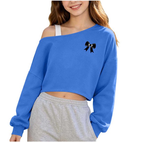 Edvintorg Sweatshirts for Teen Girls One Shoulder Cropped Sweatshirt Solid Color Long Sleeve Casual Pullover Top Lightweight Little Girls Clothes Size 5-15