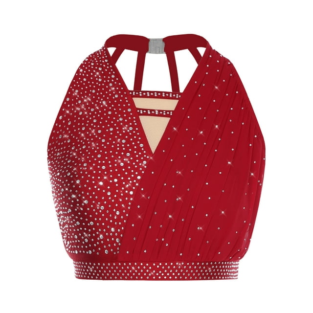 Ocealan Women's Rhinestone Lyrical Ballet Tops Sleeveless Strappy Back Figure Skating Dancing Blouse Tops Burgundy M