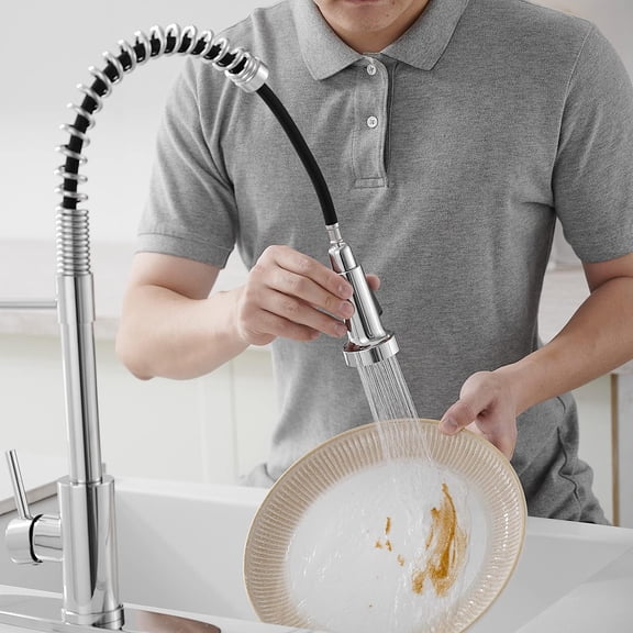 Chrome Kitchen Faucets with Pull Out Sprayer Commercial Spring Sink Faucet Stainless Steel Pull Down Single Handle Farmhouse faucets with Deck Plate for Camper Laundry Utility Rv Wet Bar