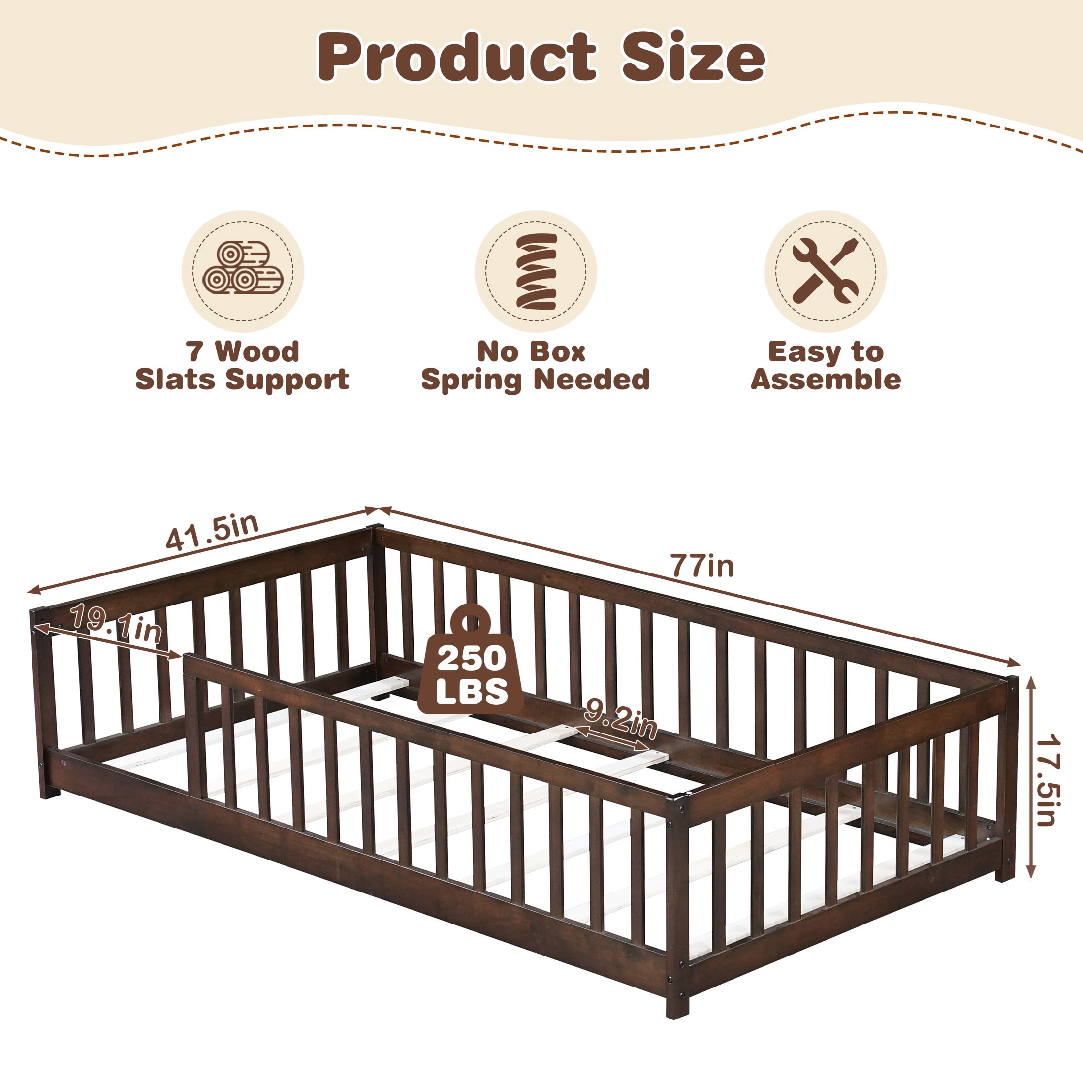 PORKISS Twin Toddler Bed with Guardrails, Low Profile Floor Bed Frame with Open Entry, Wood Montessori Bed with 7 Slats for Kids, No Box Spring Needed, Espresso