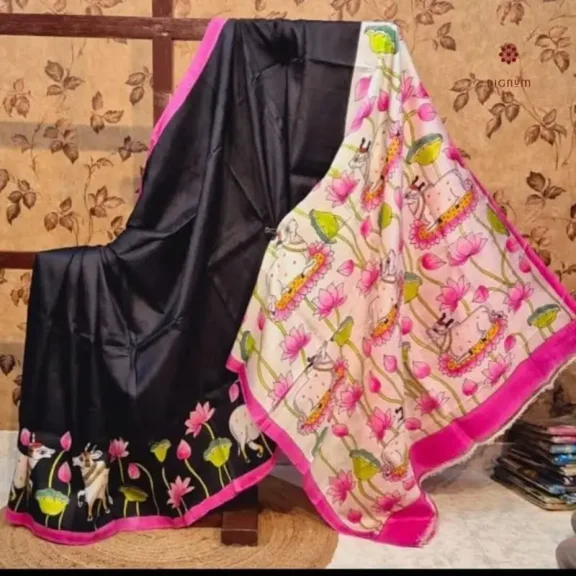 Raven Black Pure Silk Hand Painted Kalamkari Pure Saree