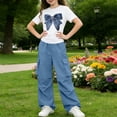 thumbnail image 4 of Avrnliq Girls Trendy 2-Piece Outfit Set Sequin Bow Graphic Tee & Wide Leg Cargo Pants Blue Casual Summer Streetwear for Girls 5-15Y,Size 12-13 T, 4 of 8