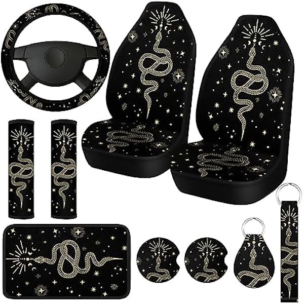 wonima02 10 Pcs Moon Star Car Seat Covers Full Set Car Accessories for Women Front Seat Cover Steering Wheel Armrest Cover Seat Belt Cover Cup Holder for Auto SUV Interior Decoration (Snake)