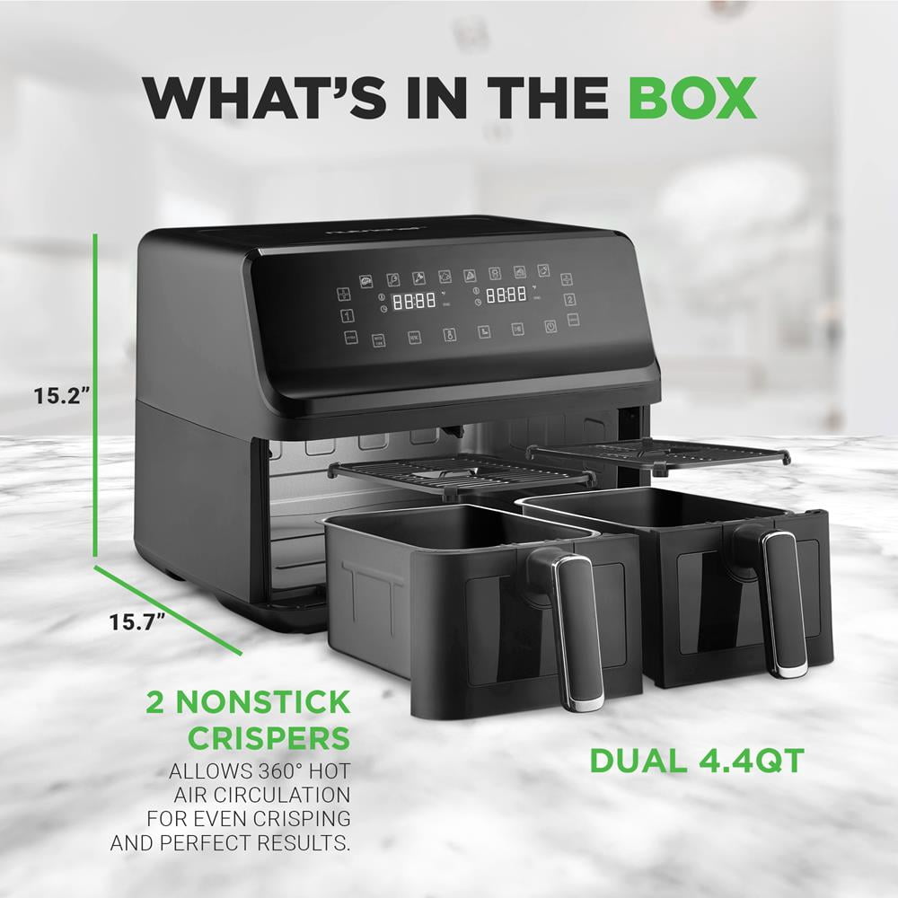 4.4QT Dual Basket Air Fryer - Customized Digital Display Electric Oil Free Cooker with Transparent Window (Black)
