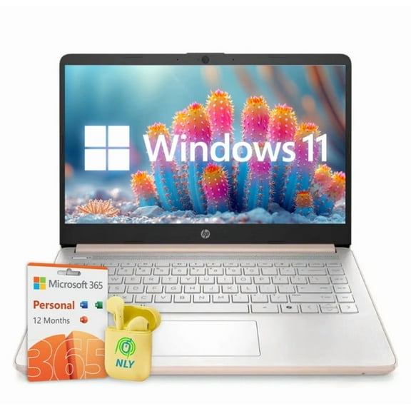 HP 14 Inch LED Laptop for Student & Business, 32GB RAM 640GB Storage (128GB UFS 512GB SD Card), Copilot Laptop with Windows 11, 1-Year Office 365, 4-core Intel Processor, NLY Earphones, Rose Gold
