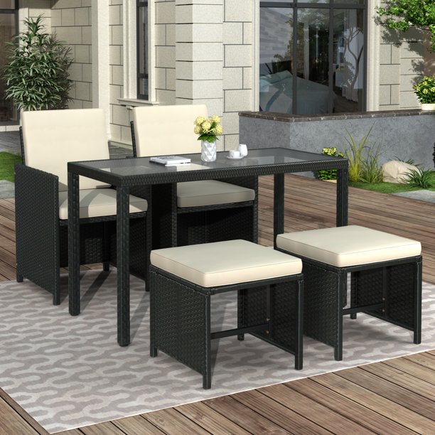 Outdoor Patio Dining Table Set 5 Piece Rattan Furniture Set With 2 Ottomans Resistant Pe Wicker Set W Removable Cushions Family Conversation Set For Backyards Garden 406lbs Beige S5983 Walmart Com Walmart Com