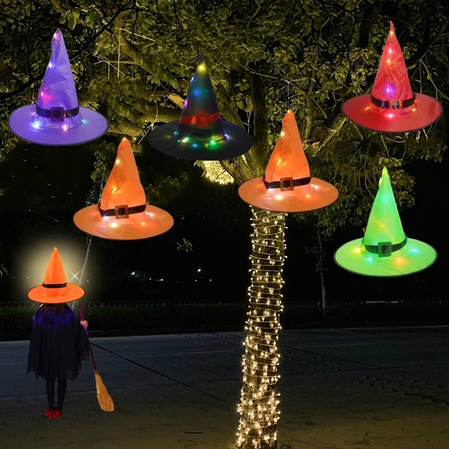 Decoraciones sombrero de bruja al aire libre 6 uds colgando iluminado brillante sombrero de bruja decoraciones luces cadena decoración con pilas Namotu WRJM-534