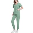 thumbnail image 2 of Scrubs for Women Sets with Pockets Short Sleeve V-Neck Solid Color Loose Ankle Cuff Pants Pocket Caregiver Blouses Nursing Uniform Set, 2 of 7