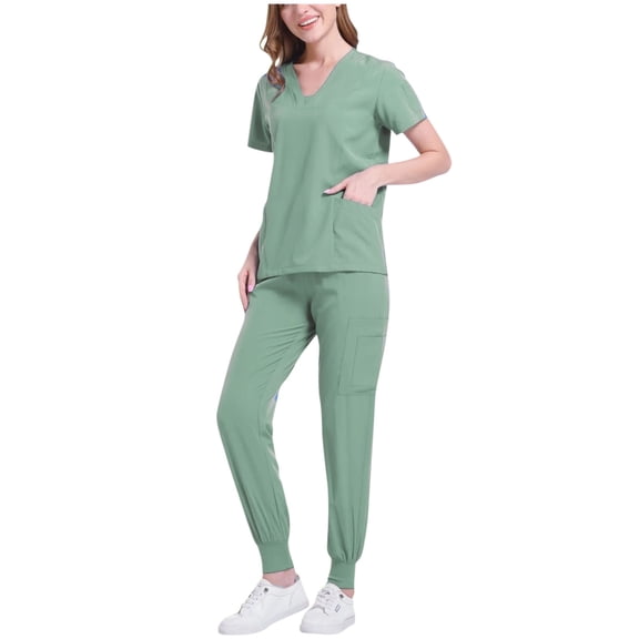 Jogging Scrubs Set for Women Soft and Stretchy Nurse Uniform V-Neck Tops and Yoga Jogger Pants with Pocket Green S