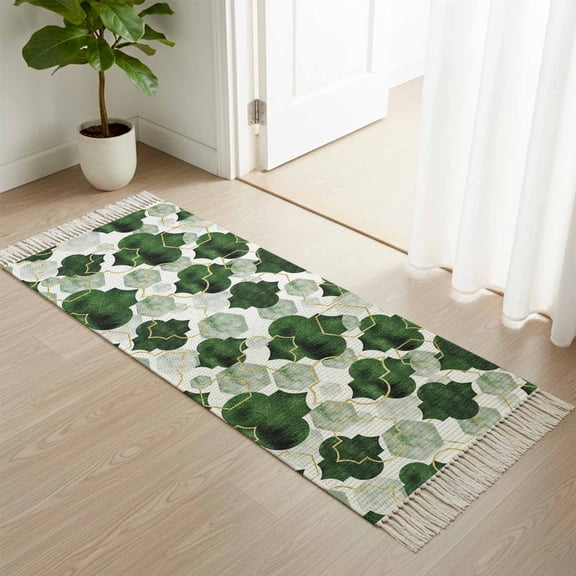 Kitchen Runner Rugs, Moroccan Deep Green Tile Lattice 2'x4' Throw Rug with Tassels, Geometric Diamond Texture Washable Soft Floor Carpet Runner for Hallway Bedroom Bathroom Laundry Room
