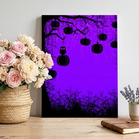 Halloween Pumpkin Canvas Wall Art Black Owl Tree Horror Purple Background Framed Canvas Wall Decor Picture Print Artwork Decorations for Living Room Office Ready to Hang 16 x 12