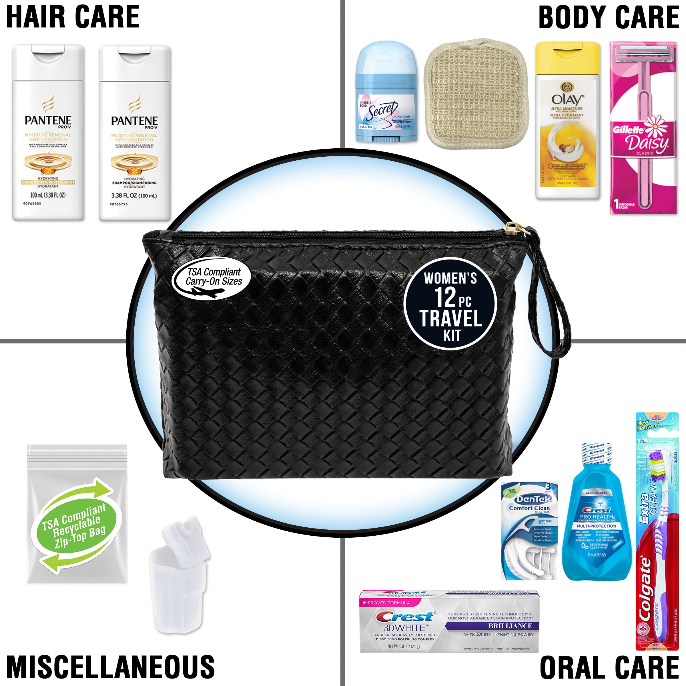 Convenience Kits International, Women's Pantene Premium 12 PC Assembled Travel Kit, TSA Complaint, in Reuseable Toiletry Zippered Bag with Handle: Featuring: Pantene Hair Care Products