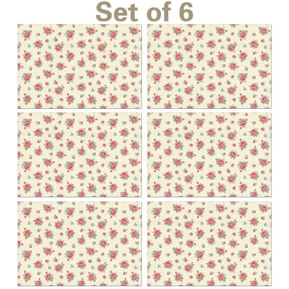 Pioneer Flower Floral Print Pattern Summer Linen Placemats Set Of 6, Washable Non-Slip Heat Resistant Table Mats for Kitchen, 12x18 Inch