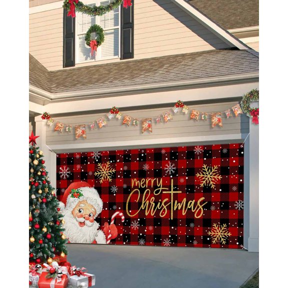 Garage Door Banner Cover 7 x 16 ft, Christmas Santa Claus Snowflake Red Black Buffalo Plaid Christmas Garage Door Decorations Holiday Christmas Backdrop Decor for Winter New Year Xmas Party