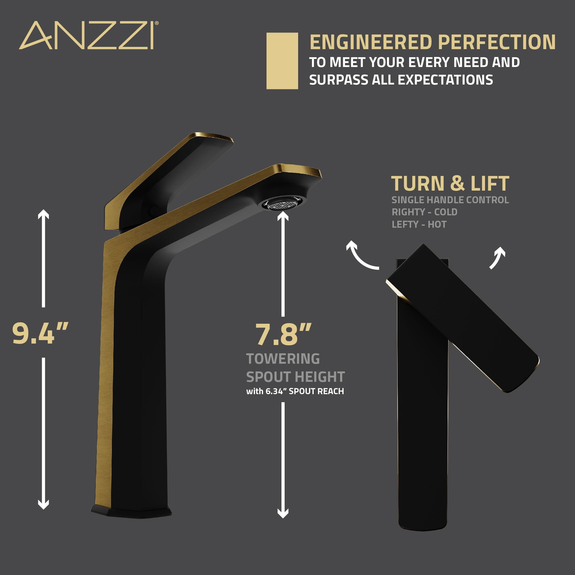 ANZZI Single Handle Single Hole Bathroom Vessel Sink Faucet With Pop-up Drain in Matte Black & Brushed Gold