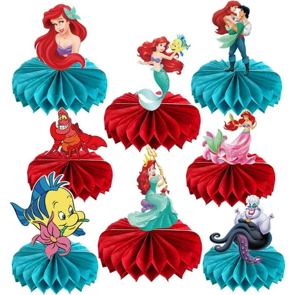 8Pcs Ariel Theme 3D Double Side Honeycomb Centerpieces Table Toppers,Cartoon Birthday Party Decorations Supplies for kids.