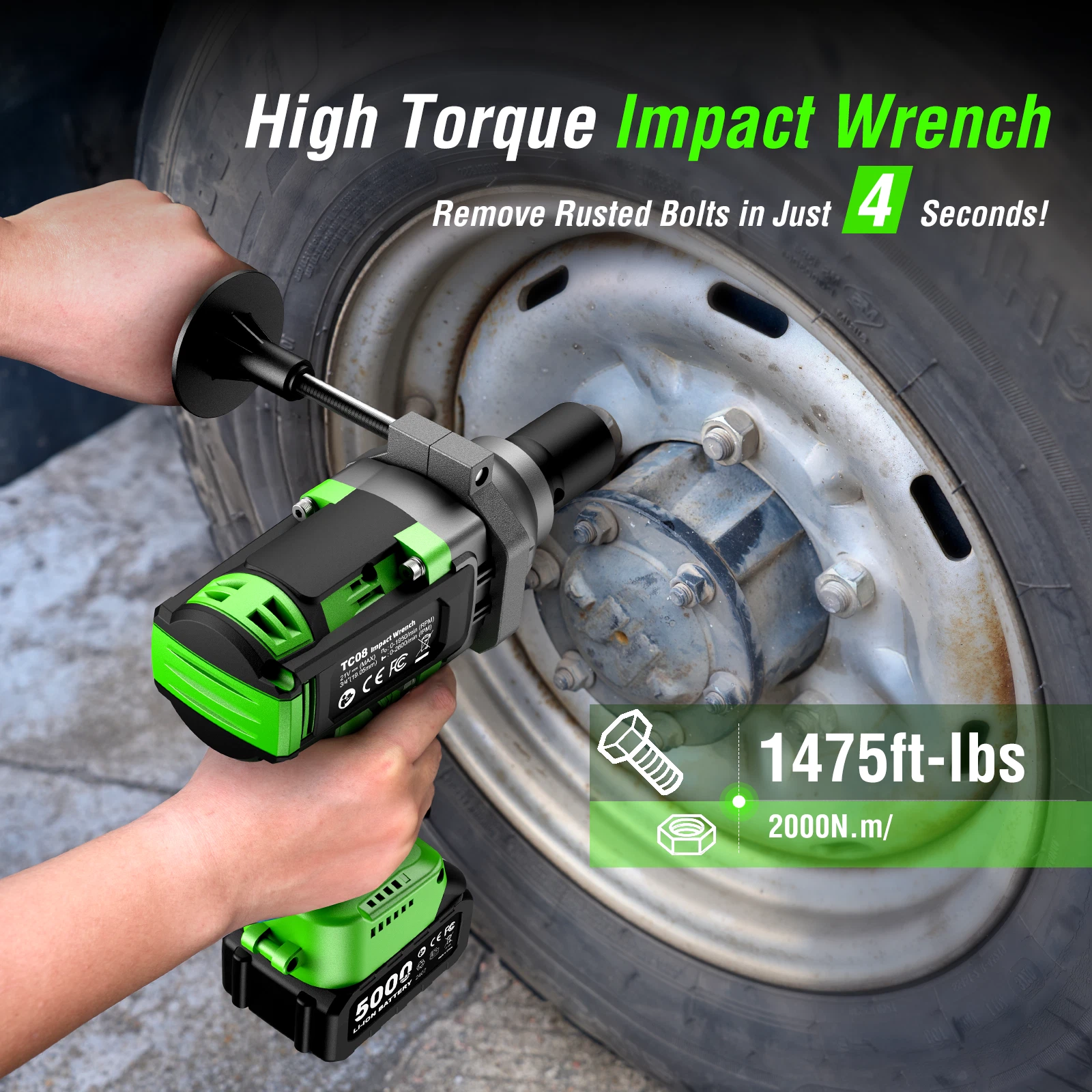 Taskstar 3/4 in. Cordless Impact Wrench 2000Nm, 1475ft-lbs High Torque Brushless Power Electric Impact Gun, 2x 5.0AH Battery