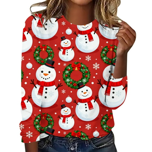 Fall Fashion Must Haves Christmas Tops for Women Holiday Print T-Shirt Long Sleeve Round Neck Christmas Top Blouse Apparel Fall Clothes My Items