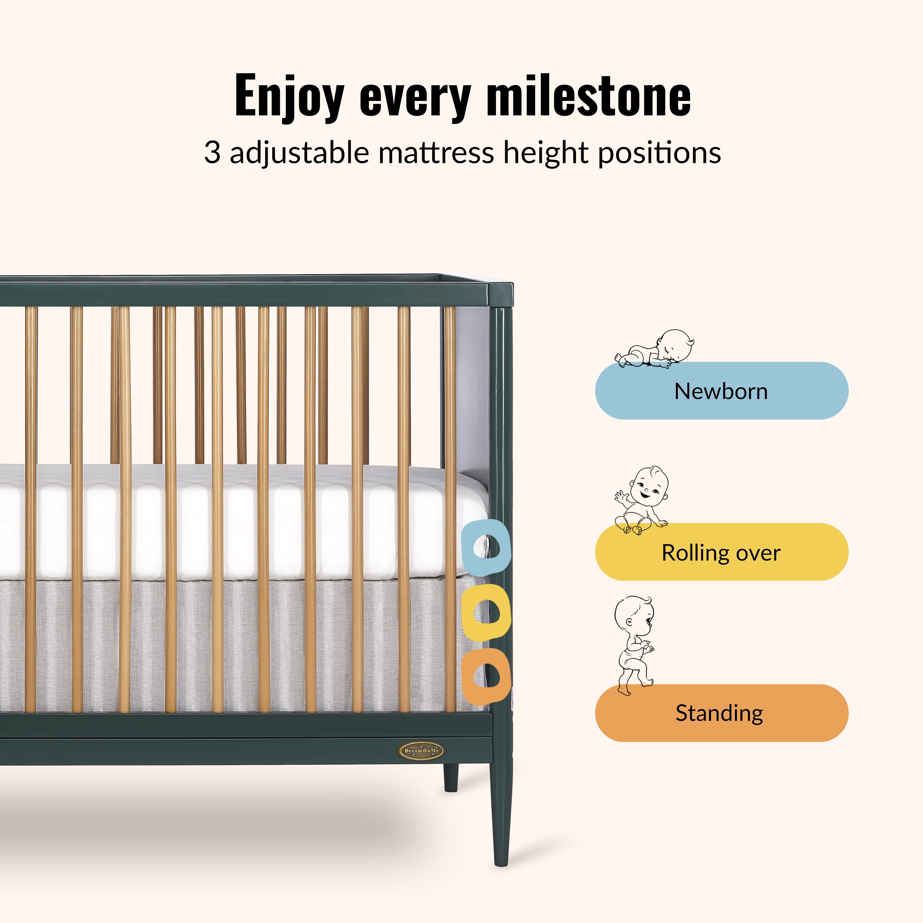 Dream On Me Clover 4 In 1 Modern Island crib With Rounded Spindles I Convertible Crib I Mid- Century Meets Modern I Coordinates With The Clover Changing Table in Olive Finish