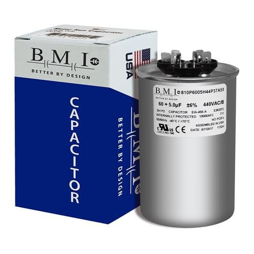 GE 97F9816-60   5 uf MFD 370/440 Volt VAC BMI Replacement Round Dual Run Capacitor, Made in The U.S.A.