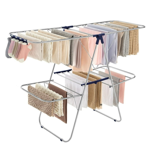 SONGMICS Tendedero, Plegable de 2 Niveles, Alas Ajustables en Altura, con Clips para Calcetines, 33 Barras para Secar la Ropa