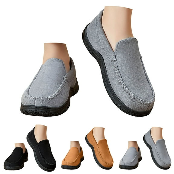 Pandaie Men's Slip on Loafers Memory Foam Moccasin House Slippers Fleece Lined Soft Plush Suede Indoor Outdoor Walking Driving Shoes Grey 8.5