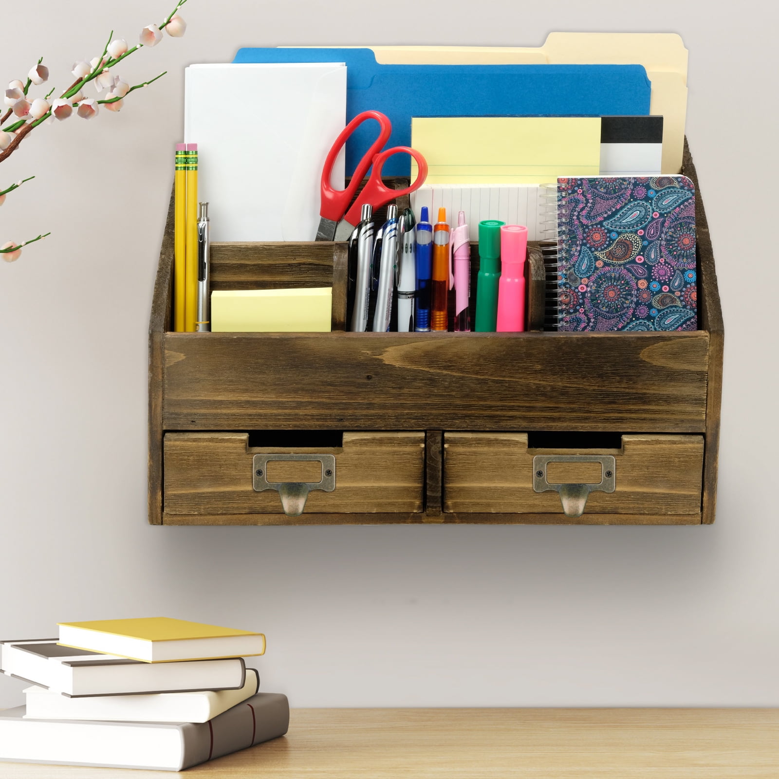 Excello Global Products Rustic Wood Office Desk Organizer - Dark Brown - EGP-HD-0135