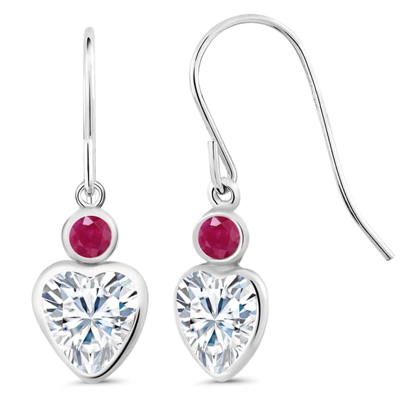 Gem Stone King 14K White Gold White Moissanite and Red Ruby French Wire Dangle Hook Earrings for Women (1.91 Cttw, Gemstone Birthstone, Heart 6MM, Round 3MM)