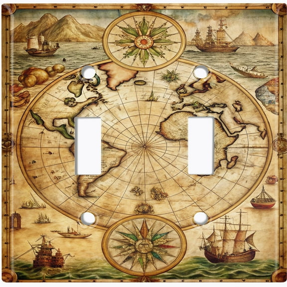 Metal Light Switch Wall Plate Outlet Cover (Vintage World Pirate Map - Double Toggle)