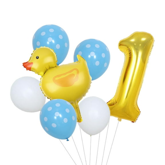 Small yellow duck-shaped floating air balloon sets with digital balloons for birthday party decoration.