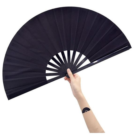 Abanico plegable Amajiji, grande, de tela de nailon chino/japonés, negro