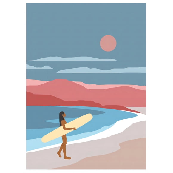 Simple Seaside Beach Scenery Surfing Women Men Surfboard Coconut Trees Poster Canvas Painting Wall Art Pictures Room Home 50 x 70 cm, framelessDecor,SKU-01