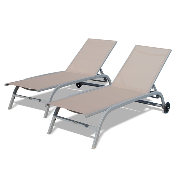 Crefise Patio Lounge Chairs Set of 2, Adjustable 5-Position Aluminum Chaise Lounges with Wheels, Outdoor Recliner for Patio, Pool, Beach - Khaki