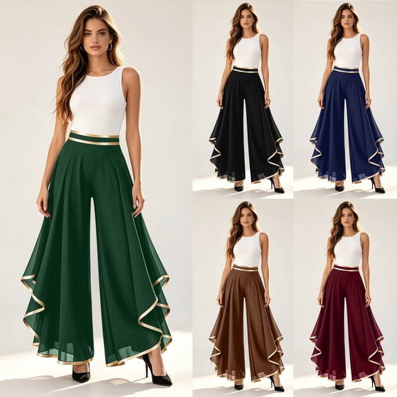 Women's High-Waisted Chiffon Palazzo Pants with Gold Trim - Tiered Ruffle Wide Leg Trousers, Flowy Boho Culottes for Summer Black L