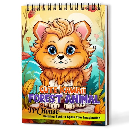 TPLHOUSE Cute Kawaii Forest Animal Coloring Book Spiral Bound for Adults A5 Wooden Cover 30 Kawaii Animals Coloring Pages in Woodland for Stress Relief and Relaxation