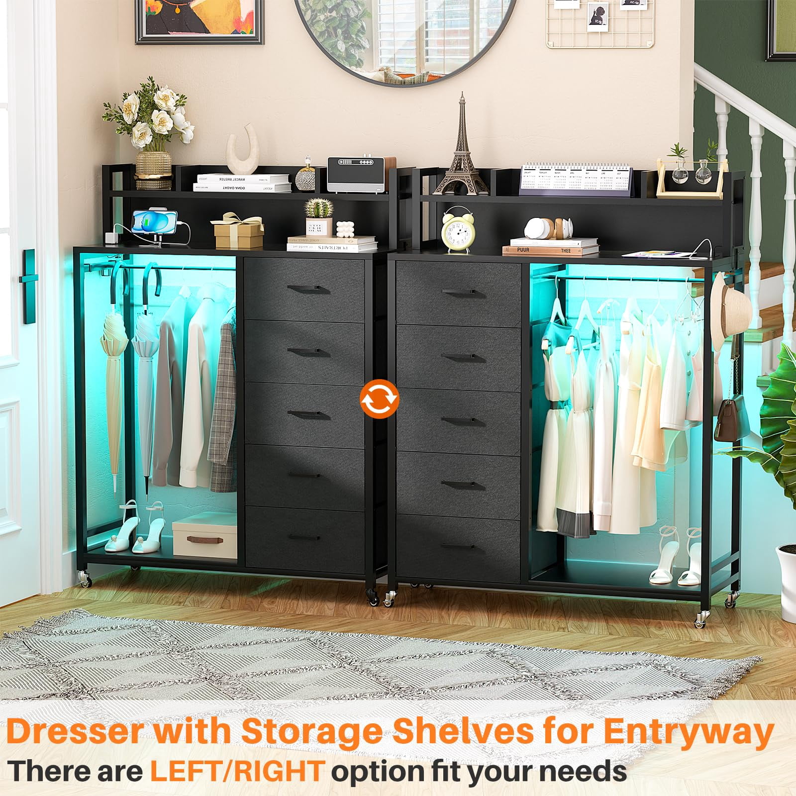 Aheaplus Dresser for Bedroom with Clothes Rack & Shelves, 5 Drawers Dresser with Charging Station & LED Lights, Chest of Drawers with Lockable Wheels, Storage Shelves, Bedroom, Entryway,Black
