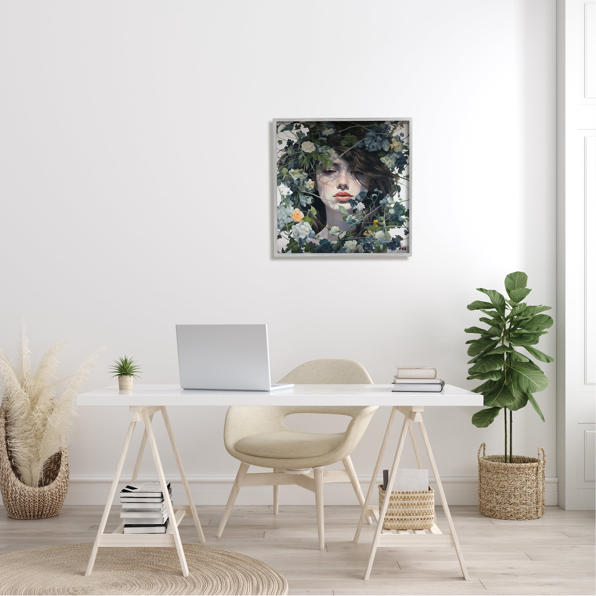 Stupell Industries Woman with Green Blossoms Botanical & Floral Painting Gray Framed Art Print Wall Art, 24 x 24