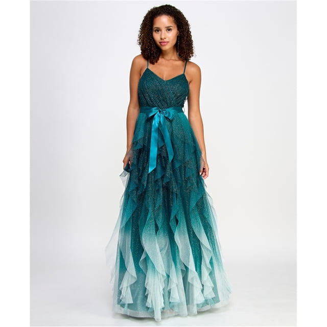 pear culture Womens Ombre Ruffled Style Gown Dress, emerald, Juniors, 7