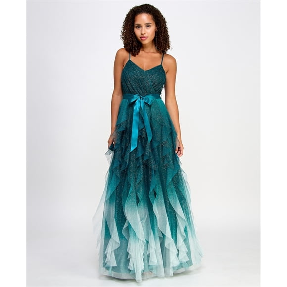 pear culture Womens Ombre Ruffled Style Gown Dress, emerald, Juniors, 15
