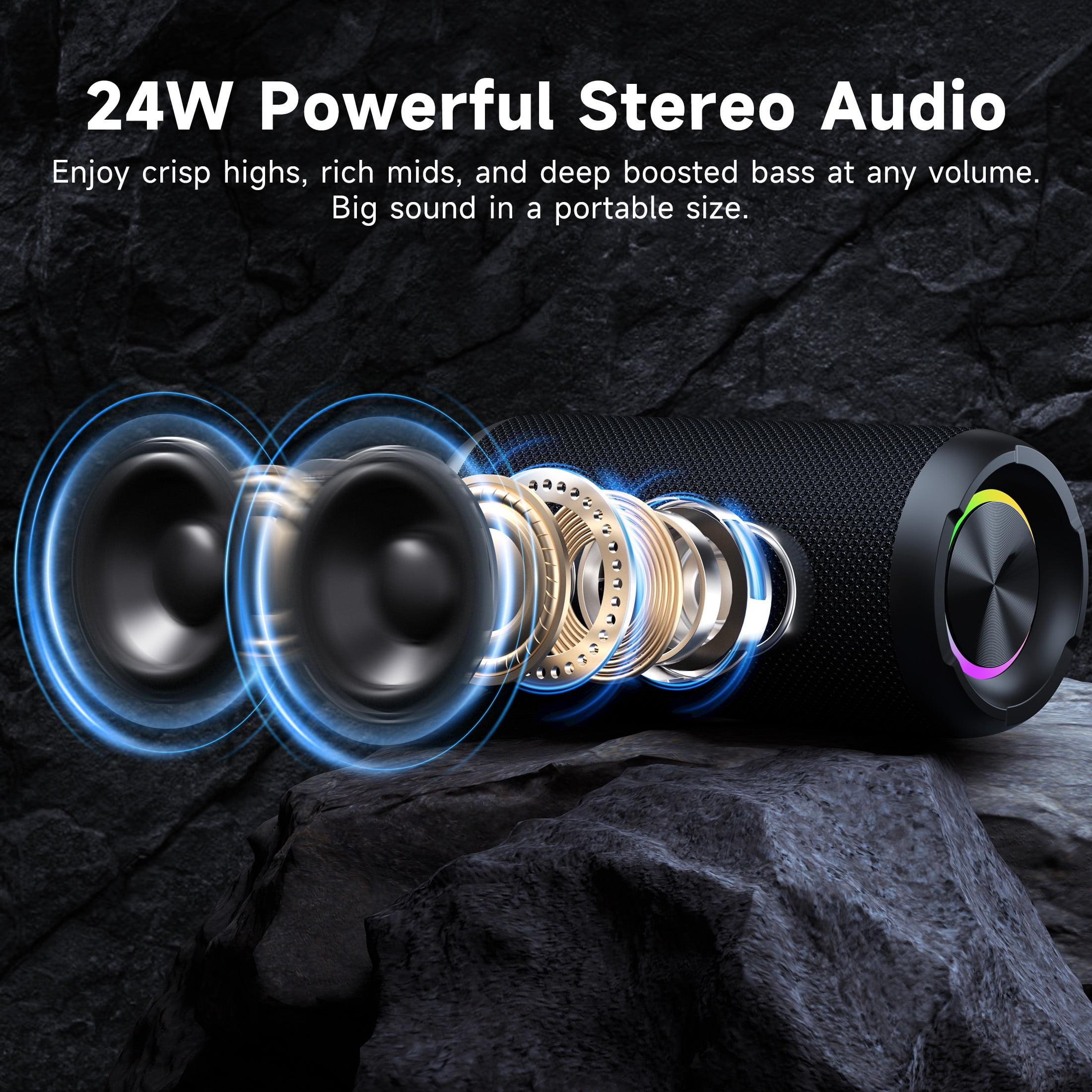 Solorage Portable Bluetooth Speaker IPX7 Waterproof, 24W Loud Sound, Deep Bass, Bluetooth 5.3, 30H Playtime, Wireless Stereo Pairing, LED Lights, for Home/Beach/Party/Outdoors-Black