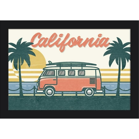 - California - Camper Van Ban Beach Scene - Lantern Press Artwork (18x12 Giclee Art Print, Gallery Framed, Black Wood)