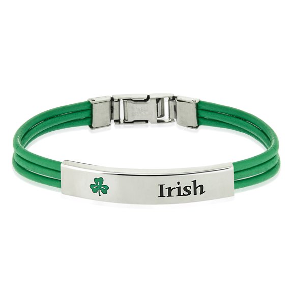 Irish Leather Green Cord Bracelet with Shamrock and "Irish" Engraving