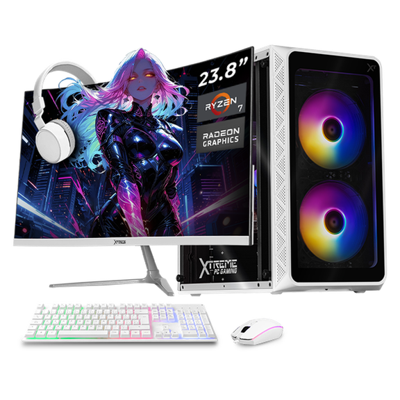 Computadora Escritorio Completa Xtreme PC Gaming AMD Radeon Vega Renoir Ryzen 7 5700G 16GB SSD 500GB Monitor Curvo 23.8 WIFI White juegos casuales, trabajo y estudio