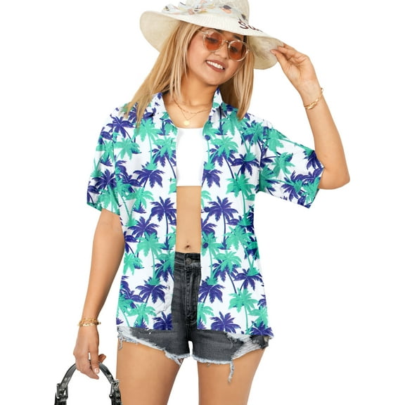 HAPPY BAY Women's Casual Beach Blouses Shirt Luau Party Blouse Short Sleeve Button Up Dress Tops Tee Shirts Hawaiian T Shirt for Women S Palm Tree, Blue