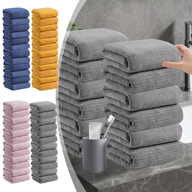 Toallas de baño en pack de 12 - Toallas de poliéster suaves absorbentes de 74x34 cm para baño, spa, piscina y gimnasio - gris, azul, rosa, amarillo