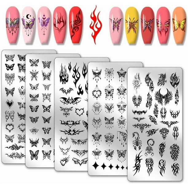 5 placas para estampar uñas con diseño de mariposas, alas de ángel, llamas y corazones de fuego.