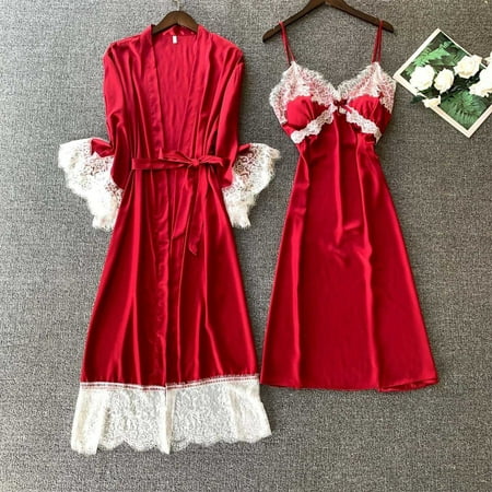Silk Lace Robe Dress Nightgown Sleepwear - Casual and Sexy Lingerie for Women - Long Sleeve - Polyester Material