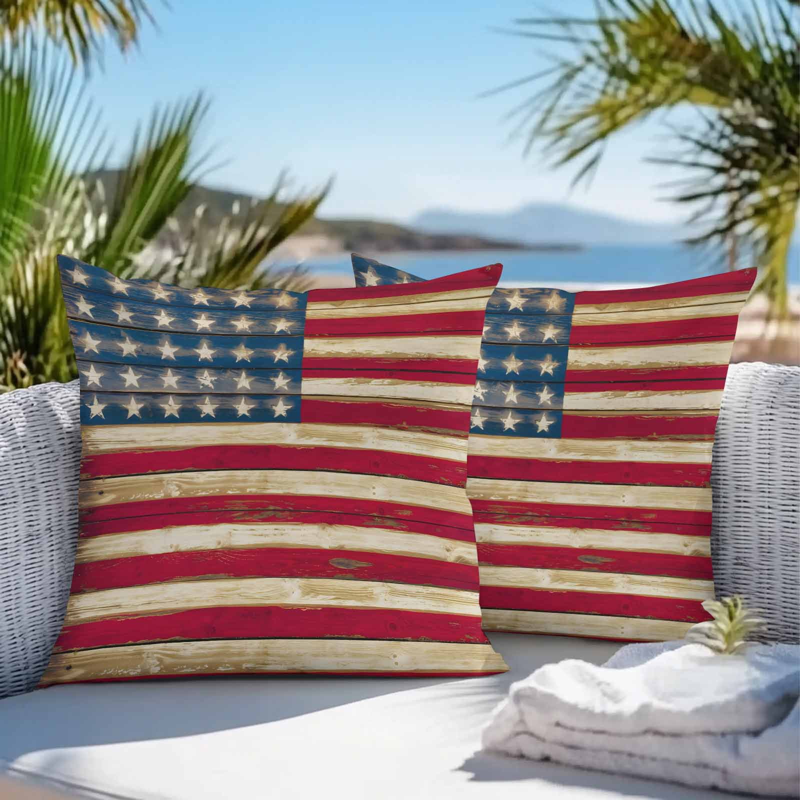 Outdoor Throw Pillows Covers 18X18 Set of 2 Waterproof Patriotic Rustic American Flag Decorative Zippered Cushion Covers for Patio Furniture, 4th of July Lumbar Pillowcases Red Blue