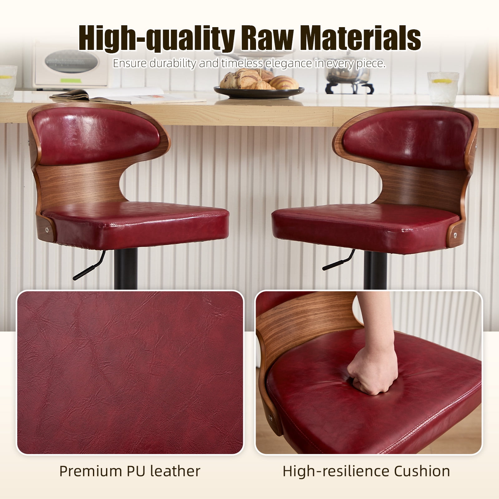 MOONMISS Swivel Bar Stools Set of 2, Wooden Kitchen Bar Chairs with Back, PU Leather Counter Height Barstools for Kitchen Island,Wine Red